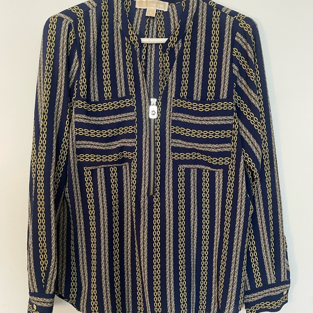 Michael Kors Blue and Gold Buttoned Mandarin Collar Blouse